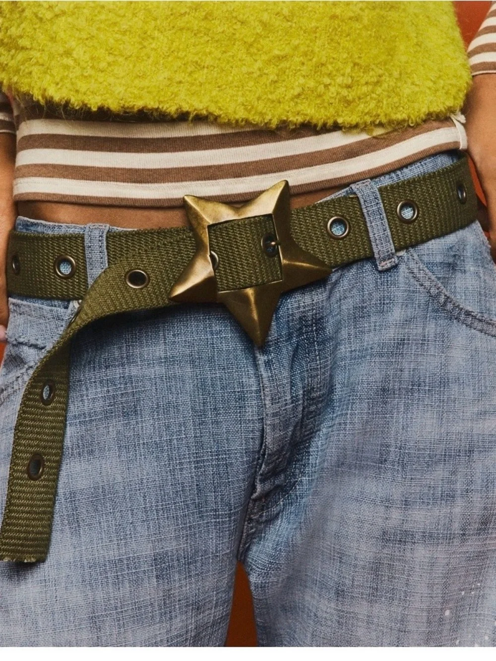 Free People Olive Canvas Belt with Star Brass Buckle